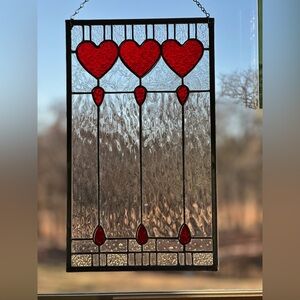 Handmade Stained Glass Hanging Panel. Hearts Geometric Valentines Day